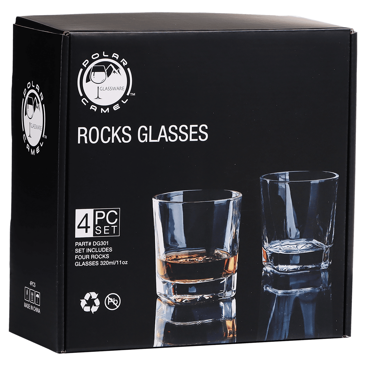 (1) 850ml Round Glass Decanter with Gift Box, (4) 8 oz. Rectangle Rocks Glasses in a Gift Box