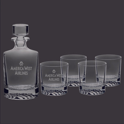 America West 850ml Round Glass Decanter with (4) 8 oz. Rectangle Rocks Glasses.